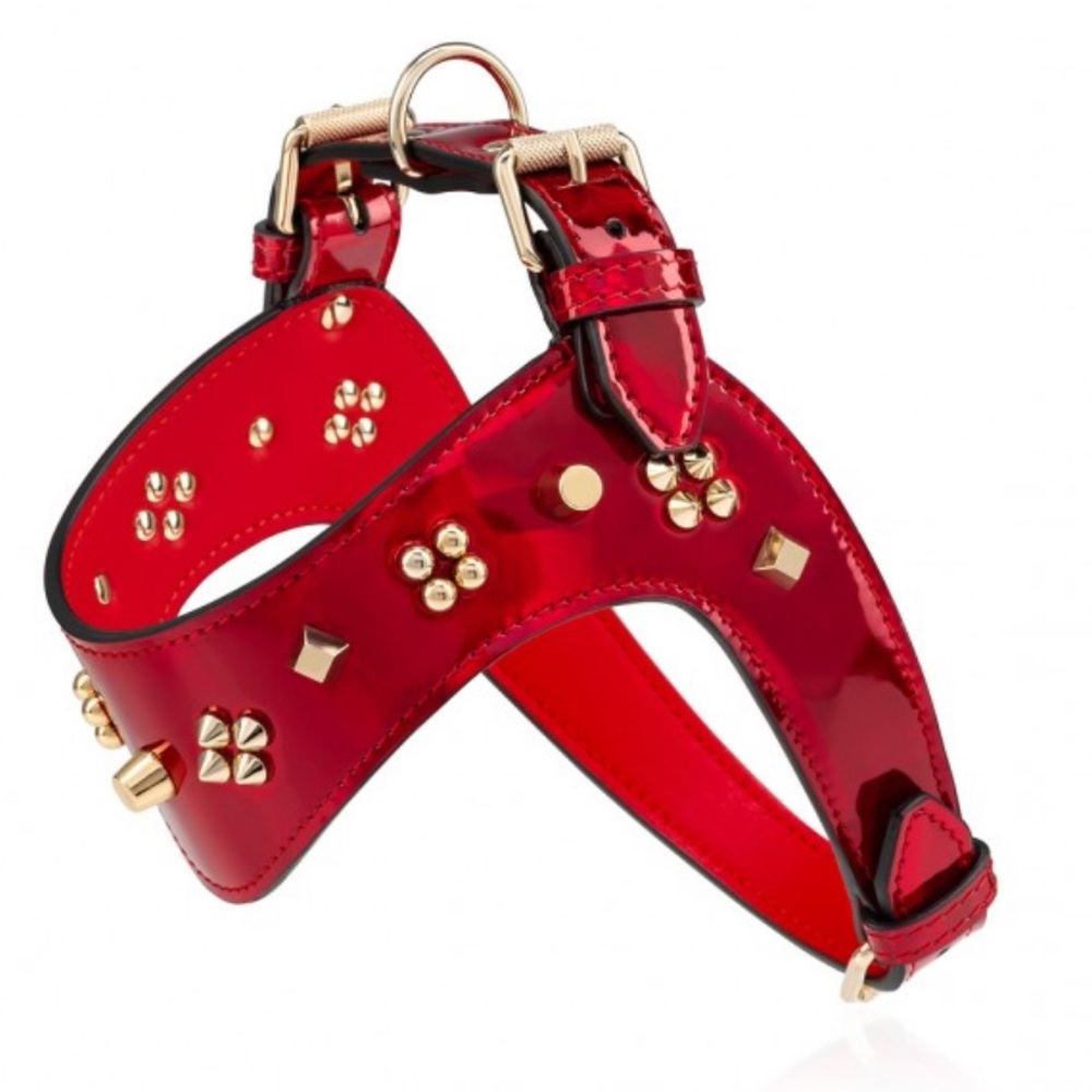 Christian Louboutin LoubiHarness XS Psychic Patent Red Leather Gold Tone Spikes - Picture 4 of 5